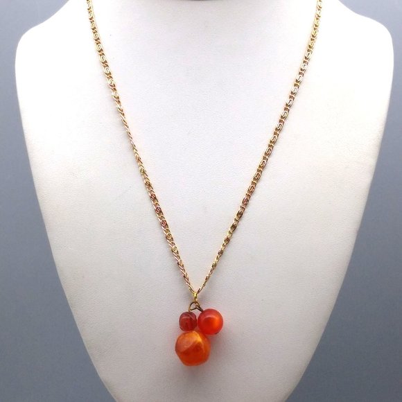 Just Peachy Triple Beads Pendant Necklace on Gold Tone Eloxal Scroll Chain - Picture 1 of 4